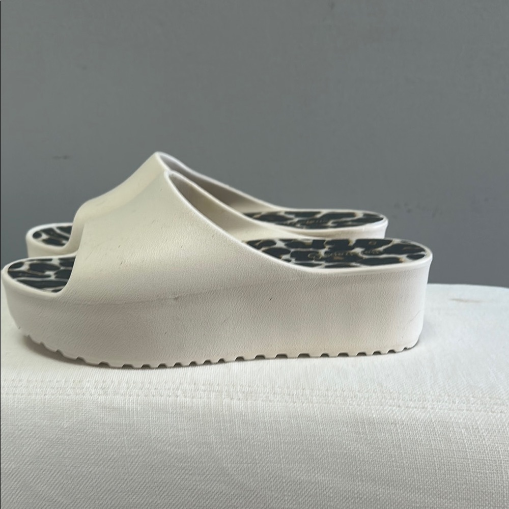 BareTraps White Platform Slide Mules with Black Leopard Insole
